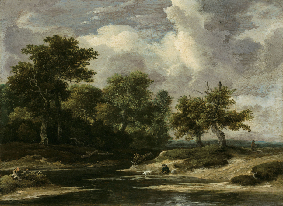 A wooded river landscape with a traveller and dog