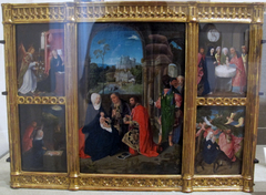 Altarpiece showing scenes from the Infancy of Christ: The Adoration of the Magi [center]; The Annunciation; The Presentation of Christ in the Temple; The Flight into Egypt; The Nativity [clockwise from upper left] by Master of Hoogstraeten