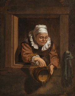 An Old Woman at a Window emptying a Chamber Pot ('Sleazy Bess') by Anonymous