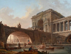 Architectural Caprice with Bridge and Triumphal Arch by Hubert Robert