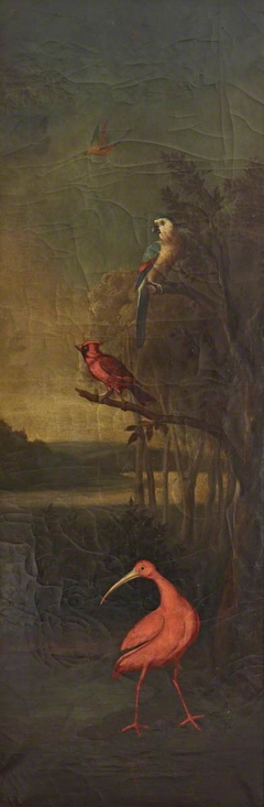 Birds in a River Landscape:  a Red Stork, a Red Finch, a Macaw and a Bird flying in the Air by Anonymous