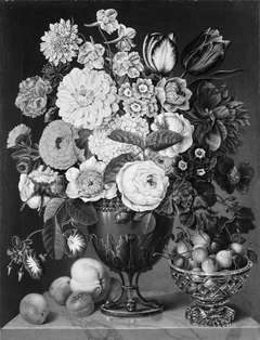 Blomster i en trefodet vase og en skål med kirsebær by Carl Christian Seydewitz