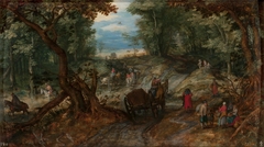 Bosque con carretas atravesando un arroyo y jinetes by Jan Brueghel the Elder