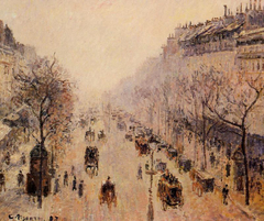 Boulevard Montmartre Morning, Sunlight And Mist - Boulevard Montmartre Matin, Lumière du soleil et le brouillard by Camille Pissarro
