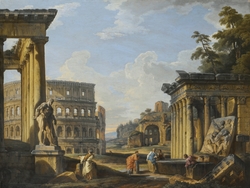 Capriccio of classical Ruins with the Temple of Antonius and Faustina, the Colosseum, the Basilica of Maxentius and the Temple of Venus and Rome, a Man admiring the Farnese Hercules while others Converse with Washerwomen near a