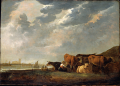 Cattle near the Maas, with Dordrecht in the distance by Anonymous