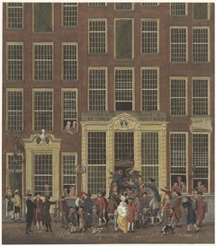 De boekhandel en het loterijkantoor van Jan de Groot in de Kalverstraat te Amsterdam by Isaac Ouwater