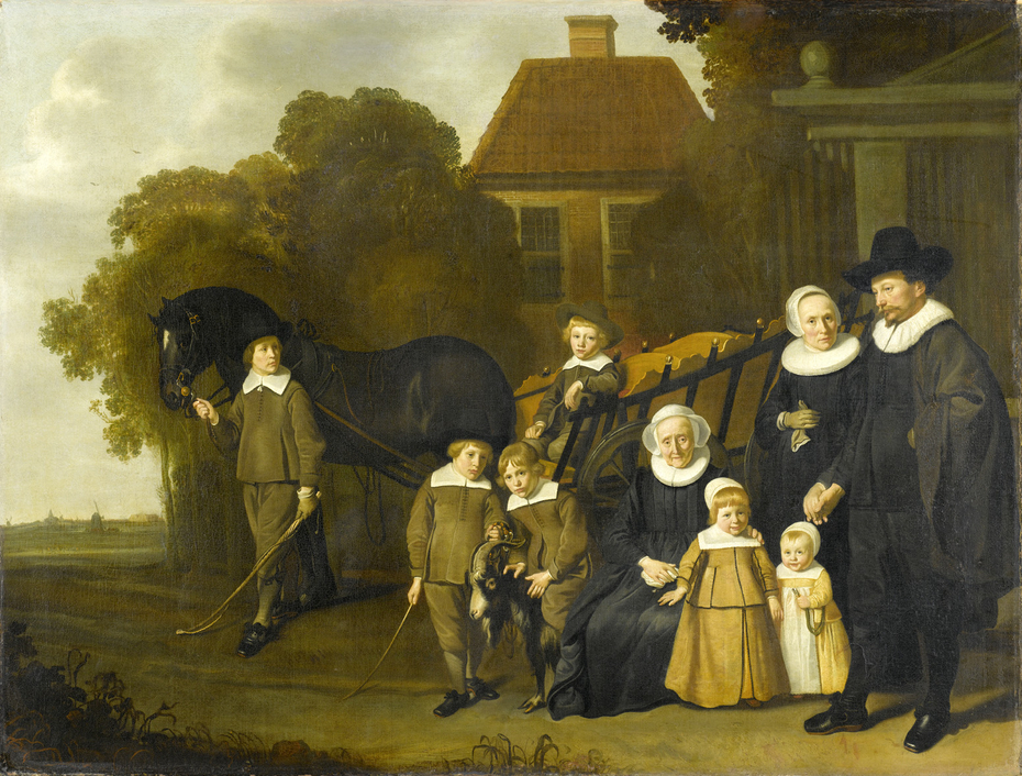 De familie Meebeeck Cruywagen bij de poort van hun buitenhuis aan de Uitweg bij Amsterdam