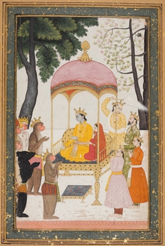 Enthroned Rama and Sita receive homage from their monkey and bear allies by Anonymous