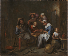 Et interiør med håndværkere og bønder der spiser og drikker