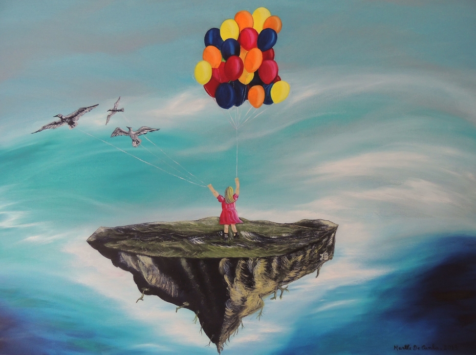 "Floating Island with Little Girl, Balloons and Seagulls", oil on canvas, 80 x 60 cm