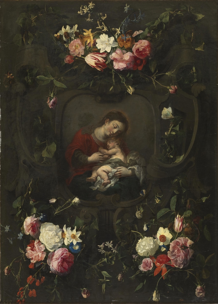 Flower garland around a Madonna and Child