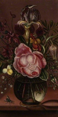 Flowers in a glass vase by Magdalena van den Hecken
