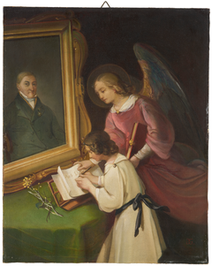 Girl with a Guardian angel, Writing in front of a Painting (Portrait of the Founder Ph. Merian) by Dionys Ganter