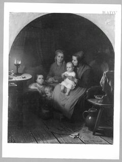 Inneres einer Stube mit zwei Frauen und drei Kindern by Johann Georg Meyer