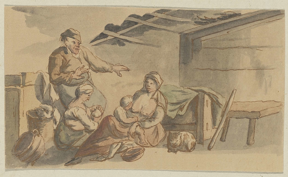 Interieur met twee voedende vrouwen, twee kinderen, een man en een kat