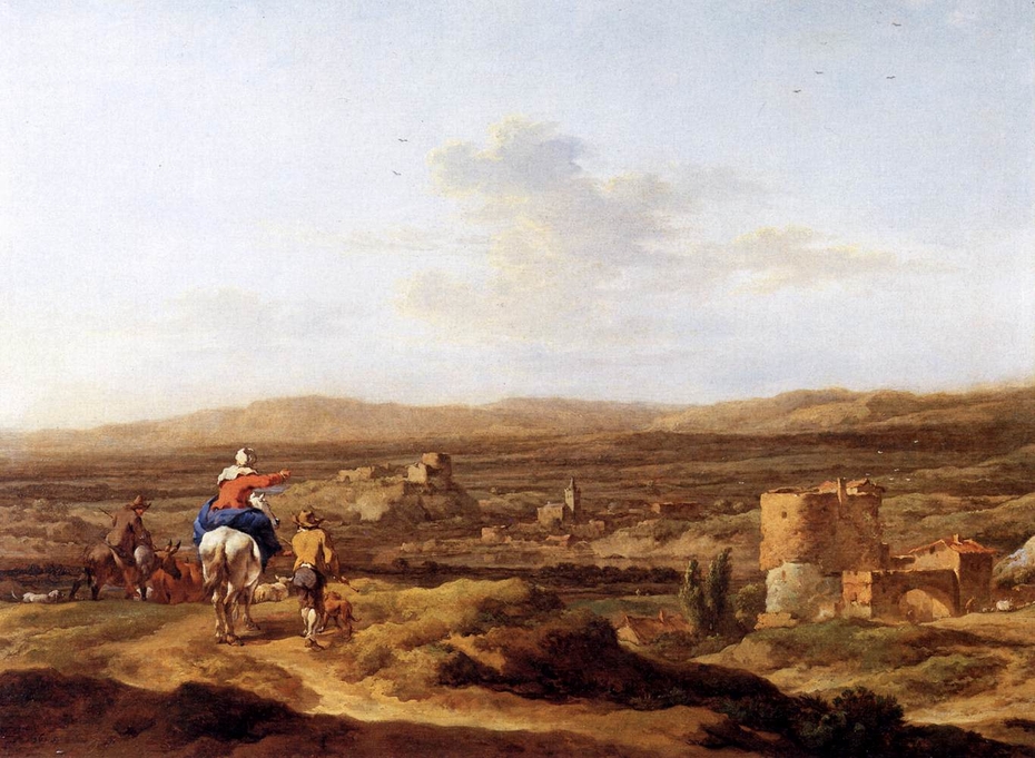 Italian Landscape with Figures and Animals: a Village on a Mountain Plateau