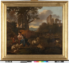 Italian landscape with sheperdess and flocks by Simon van der Does
