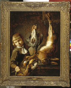 Jongen met dode vogel en haas by Elias Vonck