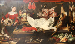 Kitchen interior with a servant girl holding a plate with poultry and a table with an abundance of game, fish, fruit and vegetables by Frans Snyders