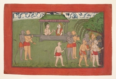 Lakshmana and Sugriva Being Carried by Palanquin to Receive Rama's Blessings: Folio from the dispersed “Mankot" Ramayana series by Anonymous