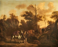 Landscape with a Herdsman leading a Staling Mule, a Goat, Dog, Cattle and Sheep by Dirck van der Bergen