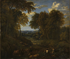 Landscape with shepherds and herd in a forest path by Cornelis Huysmans