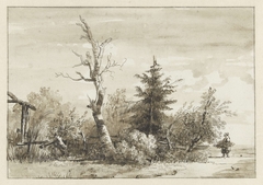 Landschap met bomengroep en rechts een sprokkelaarster by Jan Apeldoorn