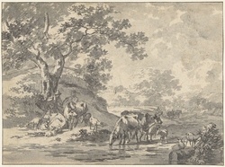 Landschap met herder en vee onder boom bij water