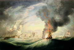 Loss of HMS Ramillies, September 1782 blowing up of the wreck by Robert Dodd