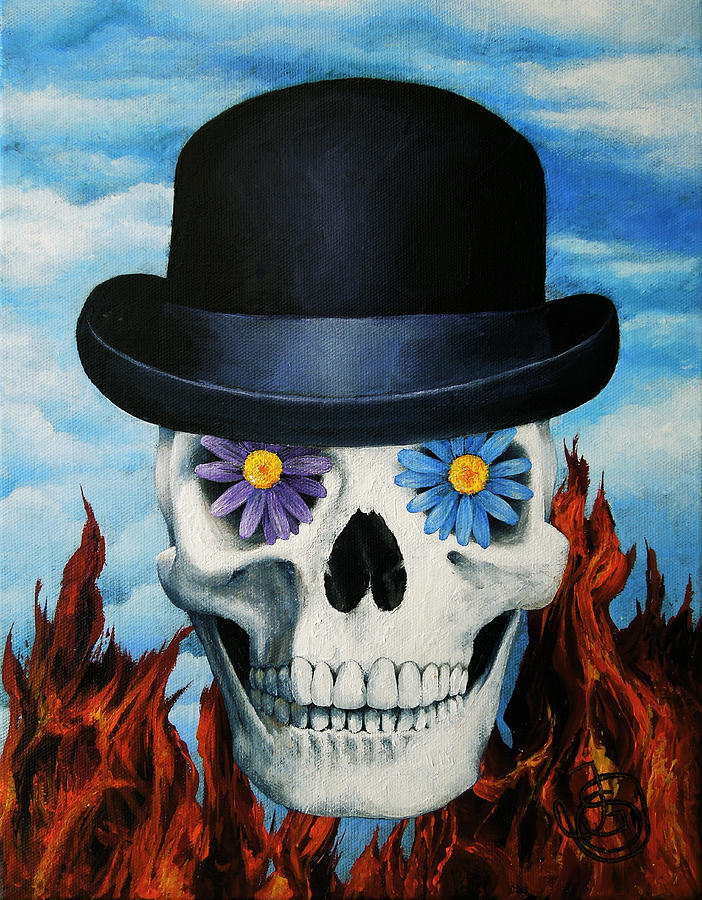 Magritte Bowler Hat Skull Painting
