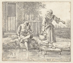 Man die zijn voeten wast en een vrouw met een ketel