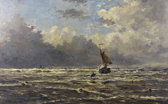 Onstuimige zee met kleine boot by Hendrik Willem Mesdag
