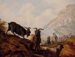 Peasants and goats in a mountainous landscape