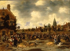 Pig Market near St Jacob's Church in the Hague by Sybrand van Beest