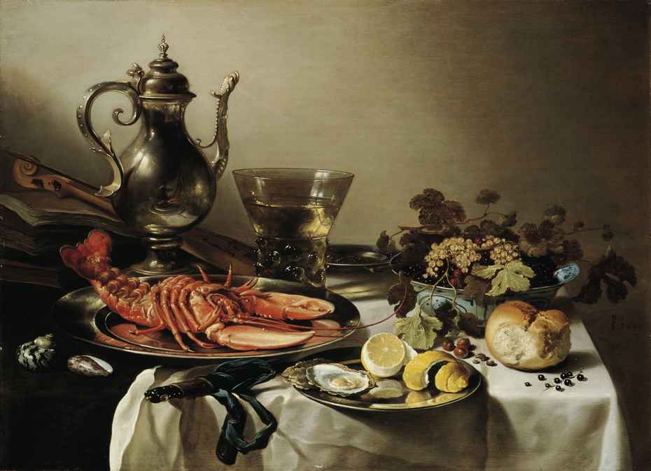 Plate with lobster, silver jug, large Berkenmeyer, fruit bowl, violin and books
