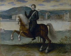 Portrait d'Henri IV (1553-1610), roi de France, à cheval devant Paris.