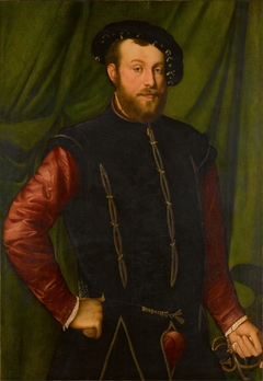 Portrait of a gentleman, three-quarter length, wearing a black cap and a black-slashed singlet over a red shirt