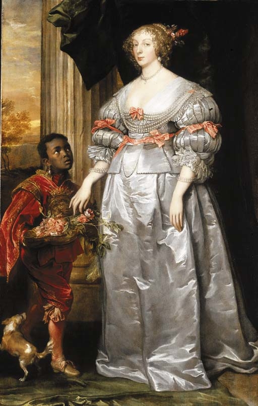 Portrait of a lady in a white satin dress, a liveried page-boy holding a bowl of roses at her side