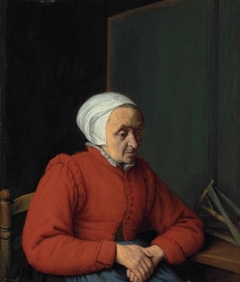 Portrait of an elderly lady in a red coat by Adriaen van Ostade