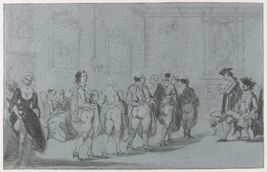 Prins Eugenius van Savoye in het etablissement van Mme Traese op de Prinsengracht met revue van prostituées, ca. 1720
