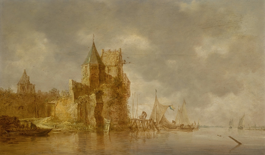 River landscape with a ruined river fortress
