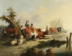 River Landscape with People, Animals and Boats by Anonymous