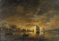 River Landscape with Ships at Moonrise by Aert van der Neer
