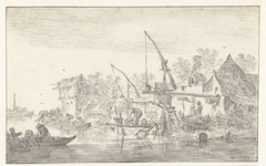 Riviergezicht met een aanlegsteiger met hefbomen by Jan van Goyen