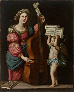Saint Cecilia with a Double Bass, a Winged Angel Holding the Score by Bernardo Strozzi