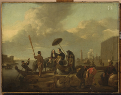 Scene in a port by Johannes Lingelbach