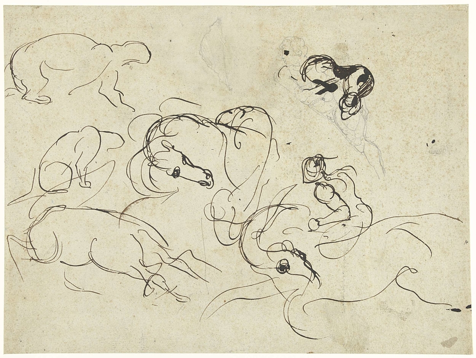 Schetsblad met ruiter, paarden en panter over een figuurstudie