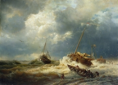 Ships in a storm on the Dutch coast by Andreas Achenbach