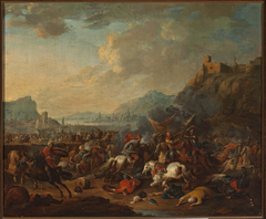 Skirmish against the mountain landscape by Arnold Frans Rubens